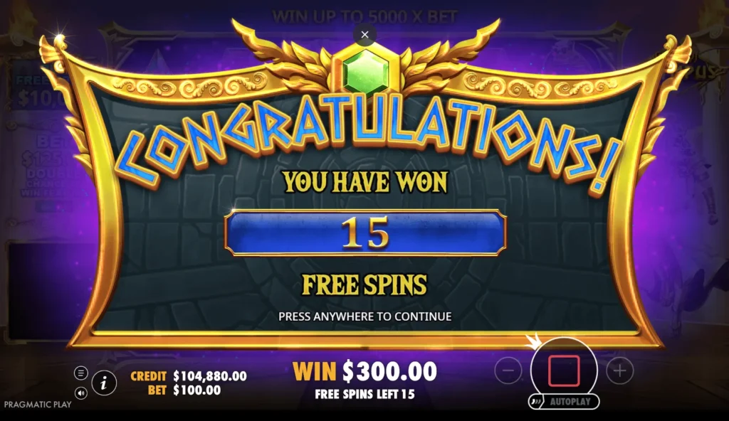 Gates of Olympus Slot Demo Free Spins Screen. Free spins round with Zeus and glowing slot symbols.
