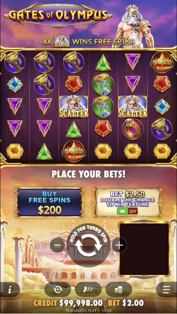 Gates of Olympus slot demo on a mobile device. Game screen with a 6x5 reel grid, Zeus scatter symbols, buy free spins option, bet controls, and balance displayed.