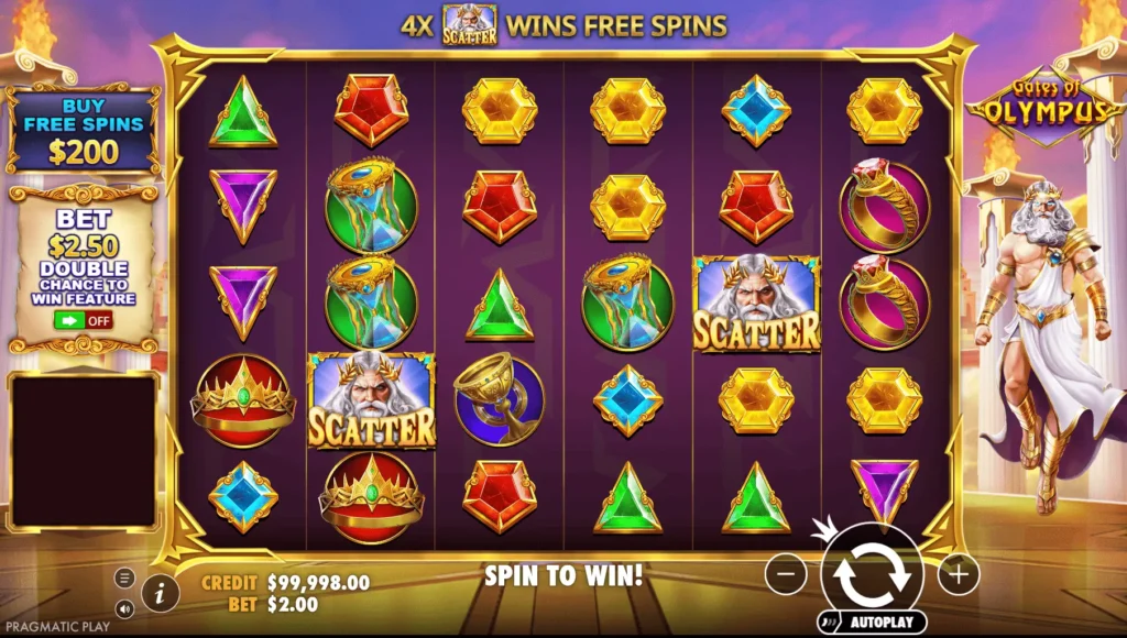 Gates of Olympus demo slot interface with Zeus character and gemstone symbols.