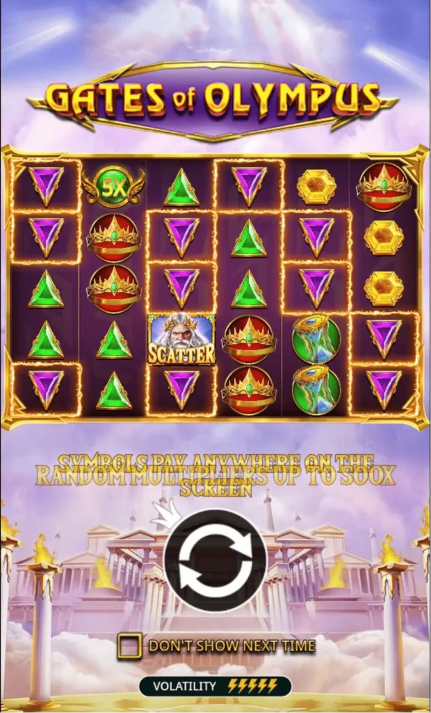 Gates of Olympus slot demo preview on a mobile device. Preview screen showing a 6x5 grid with highlighted symbol clusters, Zeus scatter symbol, multiplier icons, and an informational overlay explaining game mechanics.