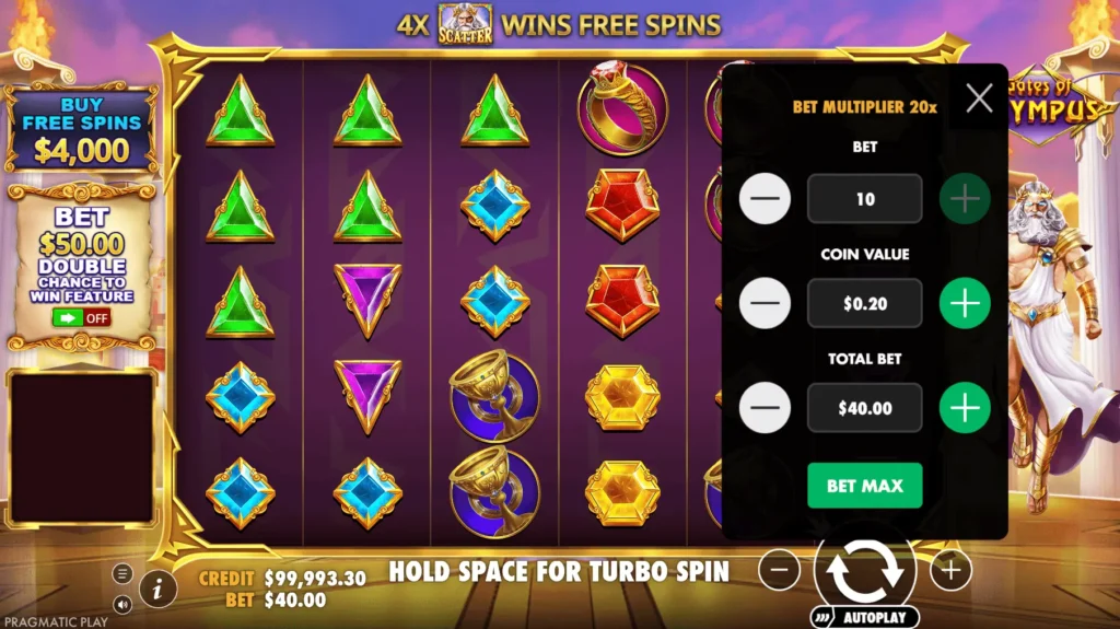 Gates of Olympus game screen showing the 6×5 grid with gem symbols and the betting panel with total bet and coin value controls visible on the interface.