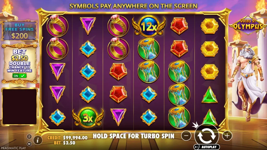 Screenshot of the Gates of Olympus game grid showing multiplier symbols landing on the reels alongside gem symbols, illustrating how multipliers appear during both base game and Free Spins.